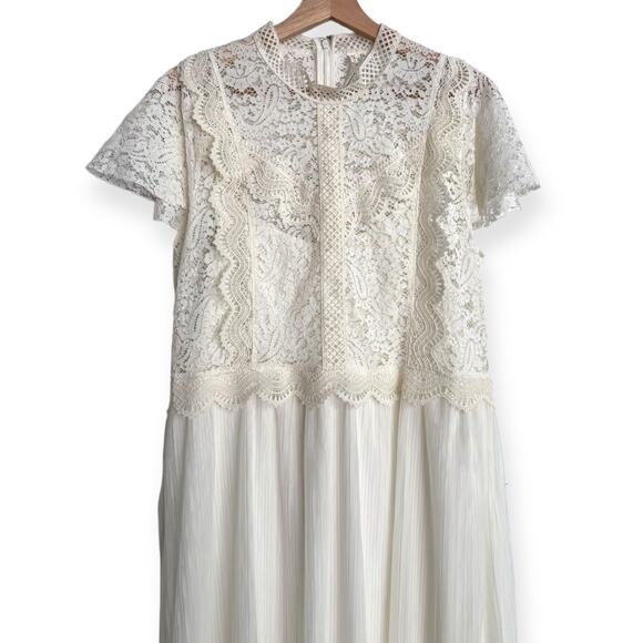 Feather Bone Anthropologie Ivory High Neck Lace And Crepe Midi Dress Women's 14 - Picture 3 of 11